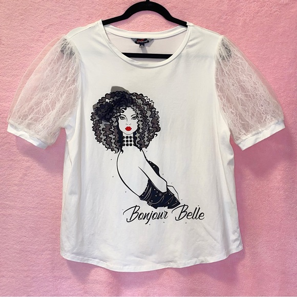 More Love & Lace Tops - More Love & Lace White Top Curly Hair Red Lipstick Fierce Model Medium Black Red